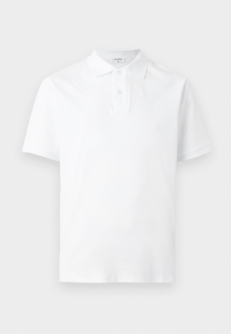 White short-sleeve polo shirt with collar and two-button placket, displayed on a plain light gray background.