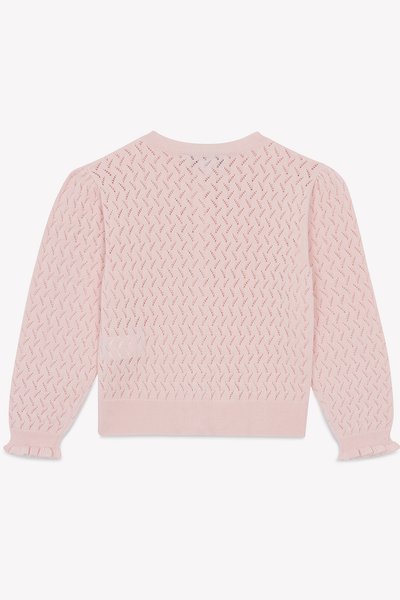 Helles rosa, gestricktes Sweatshirt mit einem strukturierten, gemusterten Design. Gerundeter Ausschnitt, lange Ärmel mit Rüschensaum und geripptem Saum.
