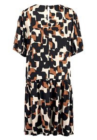 Korte mouw jurk in een patroon van zwarte, bruine en crèmekleurige kwaststreken; heeft een geraffineerde taille en een sleutelgat sluiting aan de achterkant.
