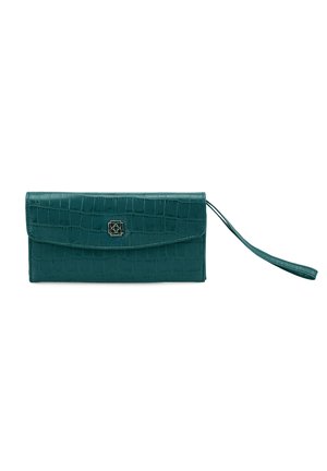 Teal faux-lederen portemonnee met een krokodillenstructuur, voorzien van een metalen druksluiting en een afneembare polsband voor extra gemak.