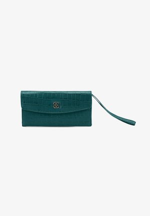 Teal faux leather wallet with a crocodile texture, featuring a metal snap closure and a detachable wrist strap for convenience.