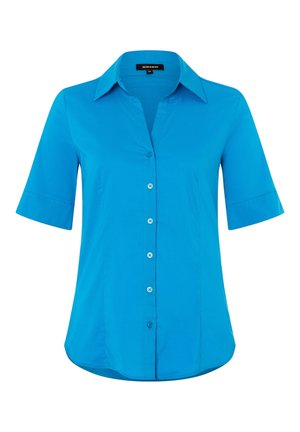 Chemise à manches courtes, à boutons, de couleur bleu vif. Dotée d'un col, d'une texture lisse et d'un ourlet arrondi. Sept boutons assortis sur le devant.