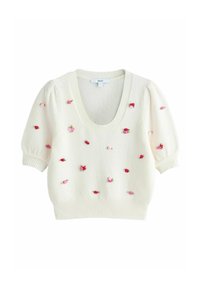 Cremefarbener Kurzarm-Pullover mit tiefem V-Ausschnitt, mit aufgestickten rosa und roten Rosendetails auf der Vorderseite und gerippten Kanten.