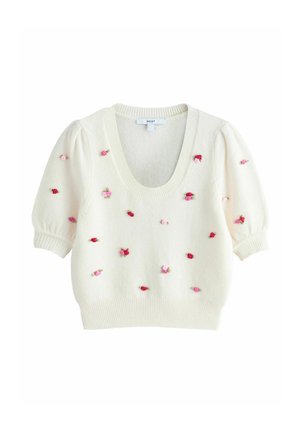 Cremefarbener Kurzarm-Pullover mit tiefem V-Ausschnitt, mit aufgestickten rosa und roten Rosendetails auf der Vorderseite und gerippten Kanten.