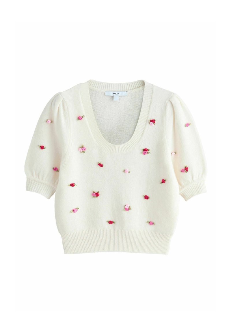 Cremefarbener Kurzarm-Pullover mit tiefem V-Ausschnitt, mit aufgestickten rosa und roten Rosendetails auf der Vorderseite und gerippten Kanten.