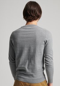 Pull gris avec un col rond et des manches longues. Texture tricotée et détail de bord-côte. Le mannequin est de dos, mettant en valeur le design à l'arrière.