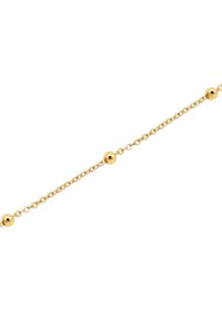 Pulsera de cadena de oro con eslabones esféricos y cuentas redondas espaciadas uniformemente. La superficie es suave con un acabado pulido.