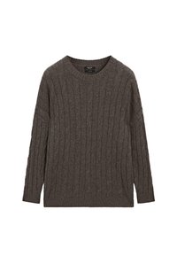 Maglione grigio scuro a trecce con maniche lunghe e polsini e orlo a costine, steso su uno sfondo bianco.