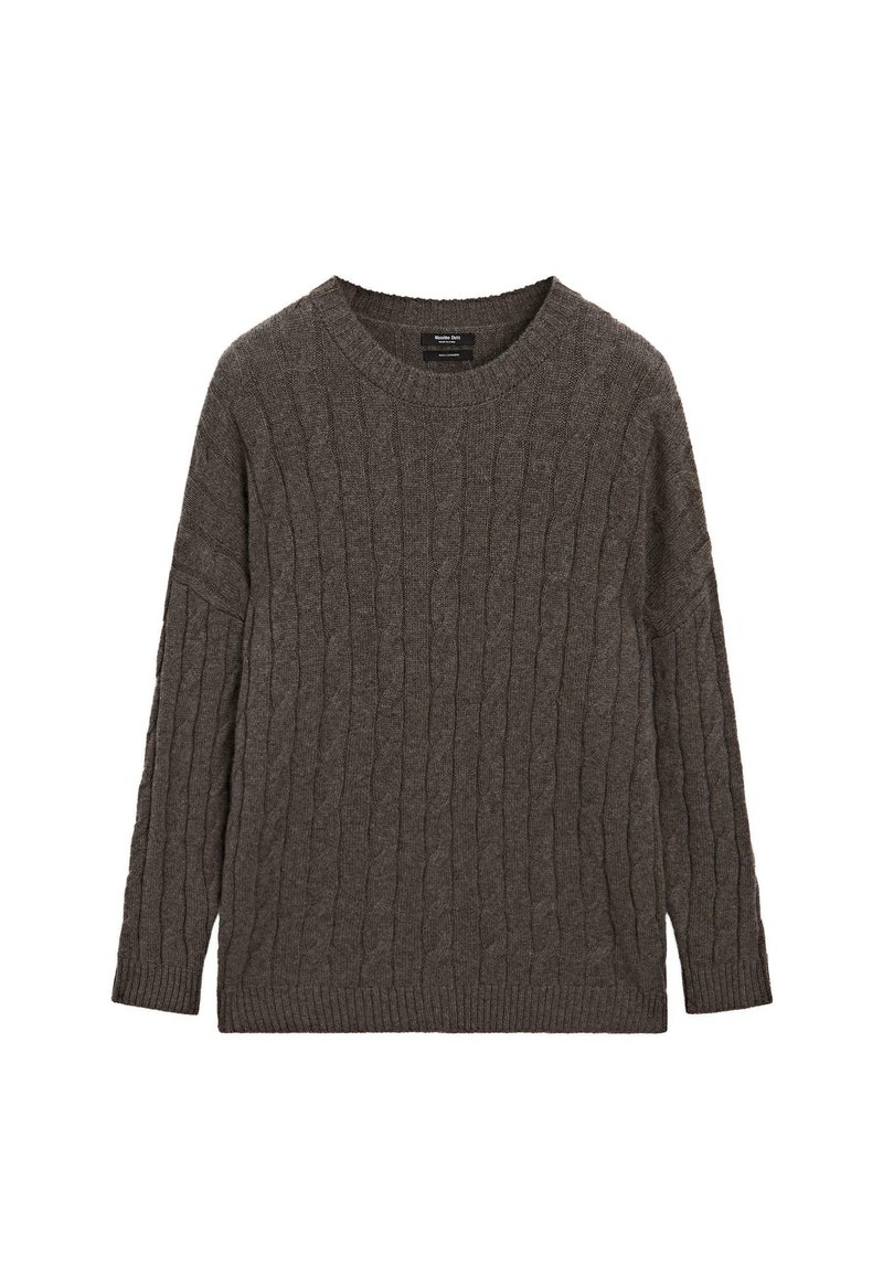 Maglione grigio scuro a trecce con maniche lunghe e polsini e orlo a costine, steso su uno sfondo bianco.