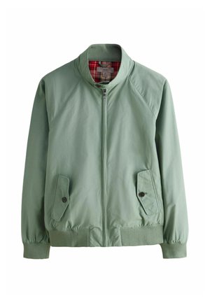 Vaaleanvihreä bombeteri takki vetoketjulla edessä, raglan-hihansuut, kaksi läppätaskua ja teksturoidulla neulotulla vyötäröllä. Vuorattu ruutukuvioisella kankaalla.