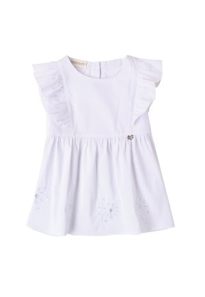 Abito di cotone bianco con maniche arruffate, vita arricciata e dettagli floreali ricamati con piccoli accenti. Chiusura con bottoni sul retro.