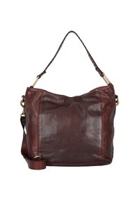 Bolso de hombro de cuero marrón con una textura suave, forma relajada y una sola correa para el hombro. Presenta herrajes en tono dorado y costuras sutiles.