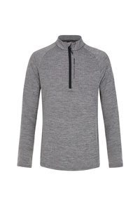 Grijze lange mouw pullover met een half-rits kraag, gemaakt van textuurmateriaal. Heeft raglanmouwen en een subtiele merketiket aan de voorkant.