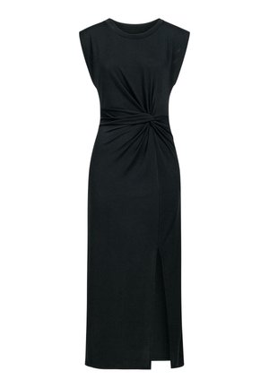 Schwarzes ärmelloses Kleid mit einem verdrehten Frontdetail, knielang, aus glattem Stoff. Verfügt über einen seitlichen Schlitz für zusätzliche Bewegungsfreiheit.