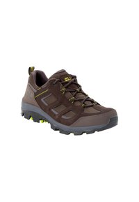Scarpa da trekking marrone realizzata in materiali mesh e suede, con suola in gomma, dettagli gialli in contrasto e colletto imbottito per il comfort.