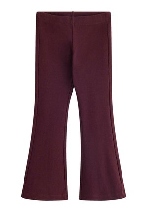 Burgundy utsvängda ribbade byxor i en strukturerad tygkvalitet, med en åtsittande midja och en bred ben-design.