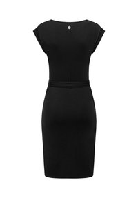 Vestito nero fino al ginocchio con maniche a cappuccio, cintura aderente in vita e piccolo logo circolare vicino allo scollo sulla schiena.