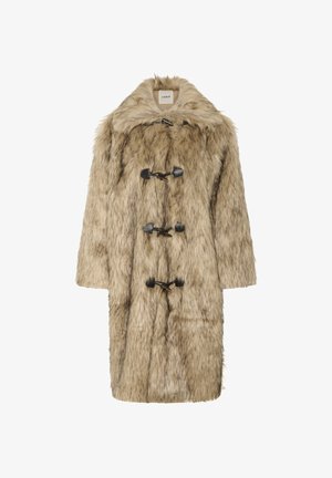 Long beige faux fur coat with wide collar and three black toggle fastenings down the front.