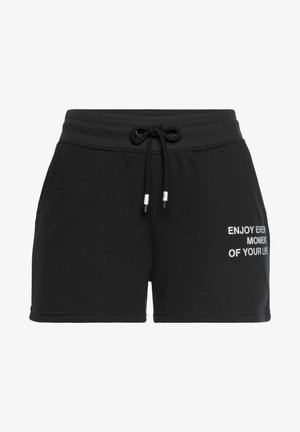Black cotton shorts with elastic waistband and drawstring. Features white text "ENJOY EVERY MOMENT OF YOUR LIFE" on the front.