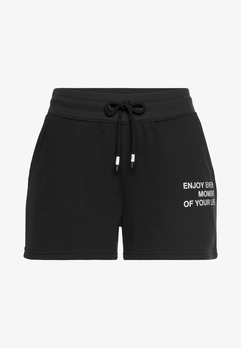 Shorts noirs en coton avec taille élastique et cordon de serrage. Présente un texte blanc "PROFITEZ DE CHAQUE MOMENT DE VOTRE VIE" sur le devant.