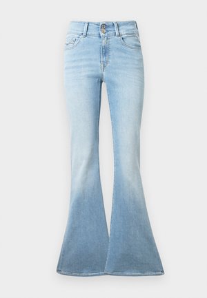 Jasnoniebieskie dżinsy w stylu dzwonów wykonane z denimu. Charakteryzują się wysokim stanem z dwoma guzikami oraz lekkim wyblaknięciem w kierunku dołu nogawki. Klasyczny pięciokomorowy design.