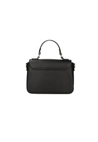 Borsa a mano in pelle nera con finitura testurizzata, manico superiore e chiusura a pattina. Presenta dettagli in metallo dorato e una forma strutturata.