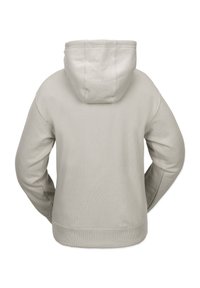 Pullover hoodie in lichtgrijze stof, met een kangoeroe-pocket en ribgebreide manchetten. Zachte, gestructureerde materiale met een aansluitende capuchon en verstevigde naden.