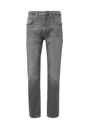 Graue Denim-Jeans mit geradem Beinschnitt, ausgestattet mit fünf Taschen, einem Knopfverschluss und subtilen Verblassungen an verschiedenen Stellen.