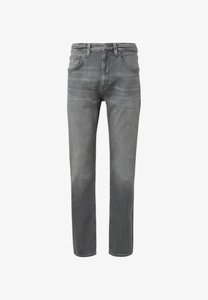 Graue Denim-Jeans mit geradem Beinschnitt, ausgestattet mit fünf Taschen, einem Knopfverschluss und subtilen Verblassungen an verschiedenen Stellen.