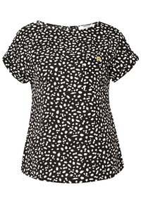 Czarna bluzka z białym wzorem w kropki, krótkie rękawy, okrągły dekolt oraz mała kieszonka na piersi z ozdobnym złotym guzikiem.