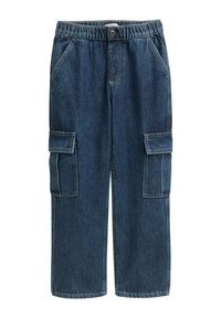 Denim hlače na cargo v temno modri barvi, z elastičnim pasom, štirimi žepi in ravno krojem; vidne podrobnosti šivanja.