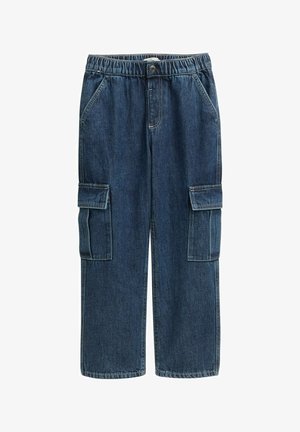 Jeanskargo byxor i mörkblått med elastisk midja, fyra fickor och rak bendesign; synlig sömdekor.