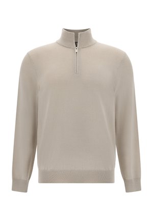 Lichtbeige lange mouw pullover met een kwart-rits en geribbelde kraag, manchetten en zoom, weergegeven op een witte achtergrond.