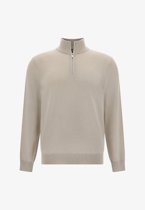 Pulóver largo de manga larga color beige claro con media cremallera y cuello, puños y dobladillo acanalados, exhibido sobre un fondo blanco.