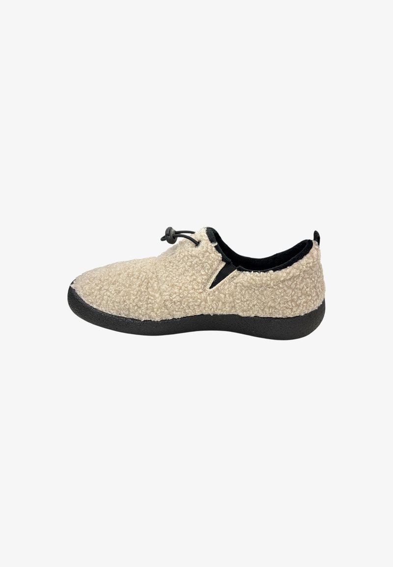 Beige fleece slip-on shoe with black sole and adjustable toggle lace, designed for comfort and casual wear.