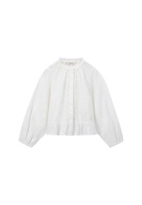 White long-sleeve blouse with a high neck, pleated front, textured floral pattern, and ruffled accents at the neck and cuffs.