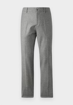 Pantaloni grigi con texture e design a gamba dritta, dotati di chiusura frontale con bottone e zip. Dettaglio a sottile motivo a spina di pesce.