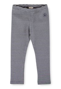 Leggings a righe in cotone navy e bianco. Presentano una vita elastica morbida e un piccolo logo vicino alla coscia sinistra.