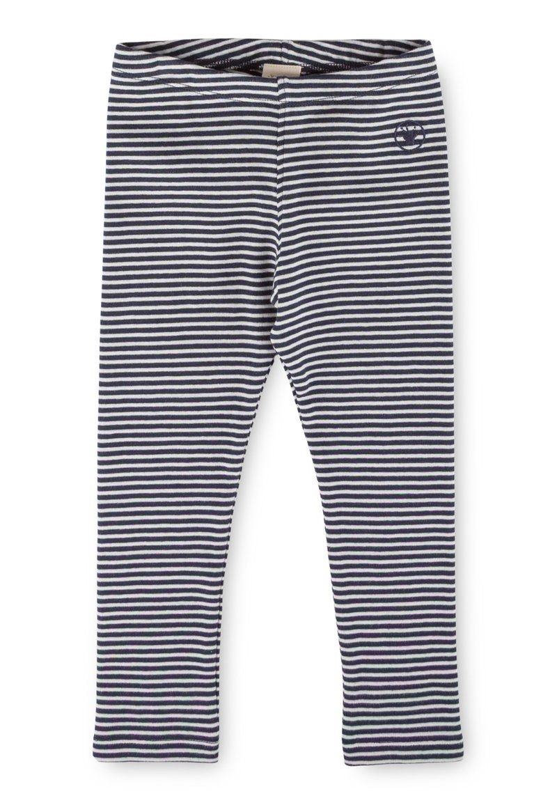Leggings a righe in cotone navy e bianco. Presentano una vita elastica morbida e un piccolo logo vicino alla coscia sinistra.