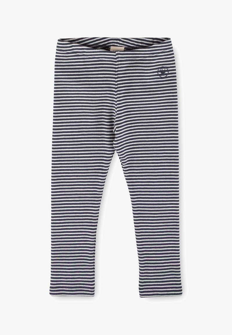 Leggings a righe in cotone navy e bianco. Presentano una vita elastica morbida e un piccolo logo vicino alla coscia sinistra.