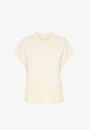 Crème trui met korte, brede mouwen en een ronde halslijn. Beschikt over lichtblauwe horizontale strepen over de voorkant en een gestructureerde stof.