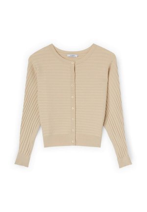 Cárdigan de punto acanalado beige con mangas largas, cuello redondo y cierre frontal de botones.