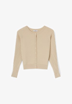 Beżowy prążkowany kardigan z dzianiny, z długimi rękawami, okrągłym dekoltem i zapięciem na guziki z przodu.