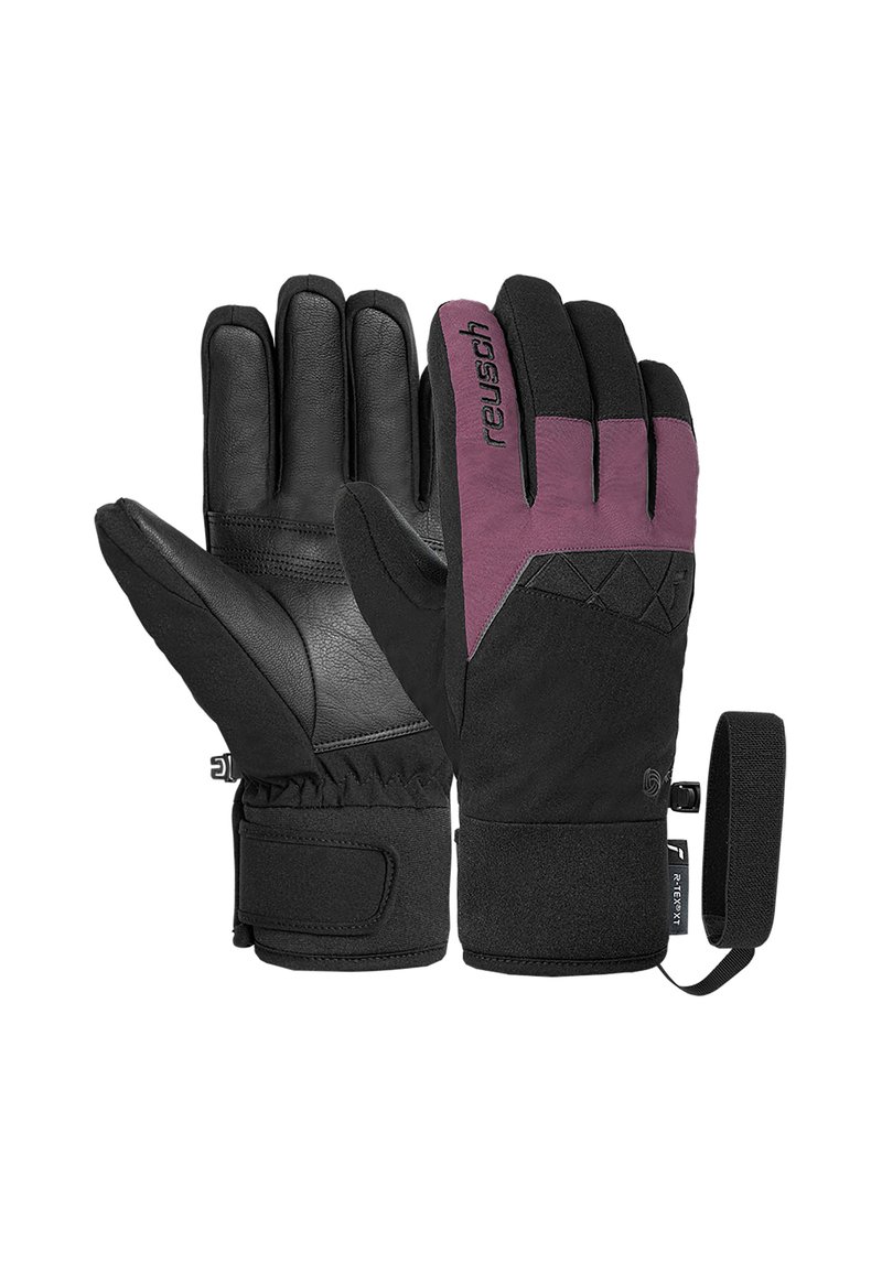 Winterhandschuhe mit einer schwarzen Lederhandfläche, schwarzem Gewebe auf der Rückseite und einem kastanienbraunen Akzent. Zu den Merkmalen gehören ein hoher Bund, ein elastischer Riemen und ein verstellbarer Gürtel.