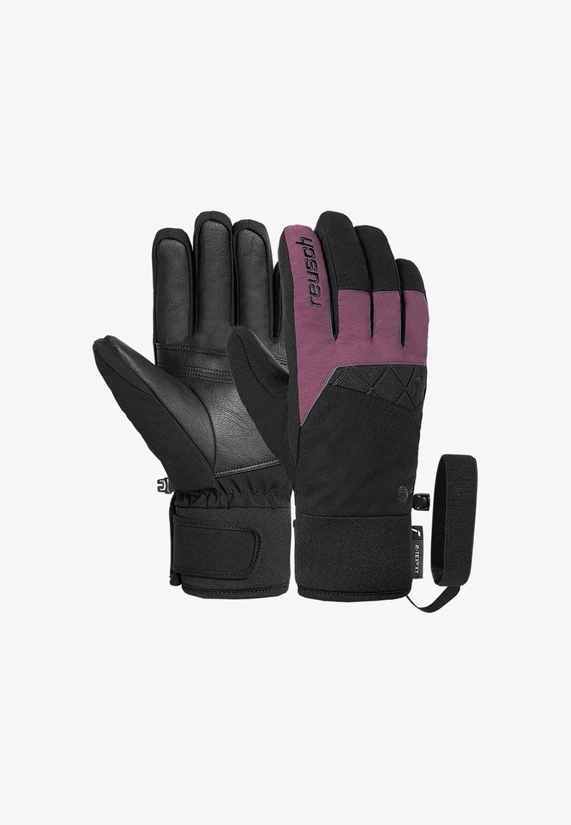 Winterhandschuhe mit einer schwarzen Lederhandfläche, schwarzem Gewebe auf der Rückseite und einem kastanienbraunen Akzent. Zu den Merkmalen gehören ein hoher Bund, ein elastischer Riemen und ein verstellbarer Gürtel.