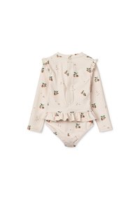 Bañador de manga larga en rosa claro con estampado de hojas verdes y frutas naranjas; volante en la cintura; cierre trasero con cremallera. Tejido suave y elástico.