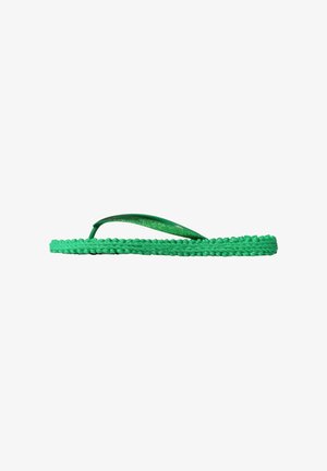 Groene flip-flop met een gevlochten band en glanzende textuur, met een platte zool en een minimalistisch ontwerp.