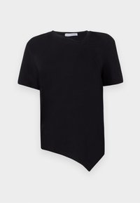Must have lühikeste varrukatega must T-särk, millel on asümmeetriline alläär ja ümar kaelus; valmistatud pehmest ja siledast kangast ning minimalistlikust disainist.