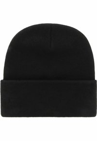 Gorro de lana negra hecho de tela de punto, con un dobladillo doblado, parte superior redondeada y una textura suave. Diseño simple y minimalista.