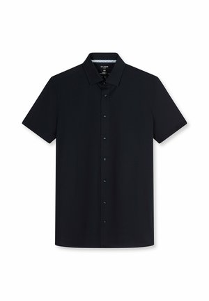 Zwart overhemd met korte mouwen en knopen, een puntige kraag, zeven knopen aan de voorkant en een slim fit ontwerp.